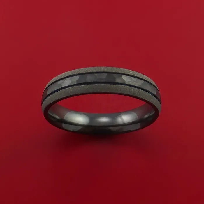 Lashbrook Rings Hammered Black Zirconium Ring with Groove Inlay Custom Made Band Lashbrook Rings Hammered Black Zirconium Ring with Groove Inlay Custom Made Band