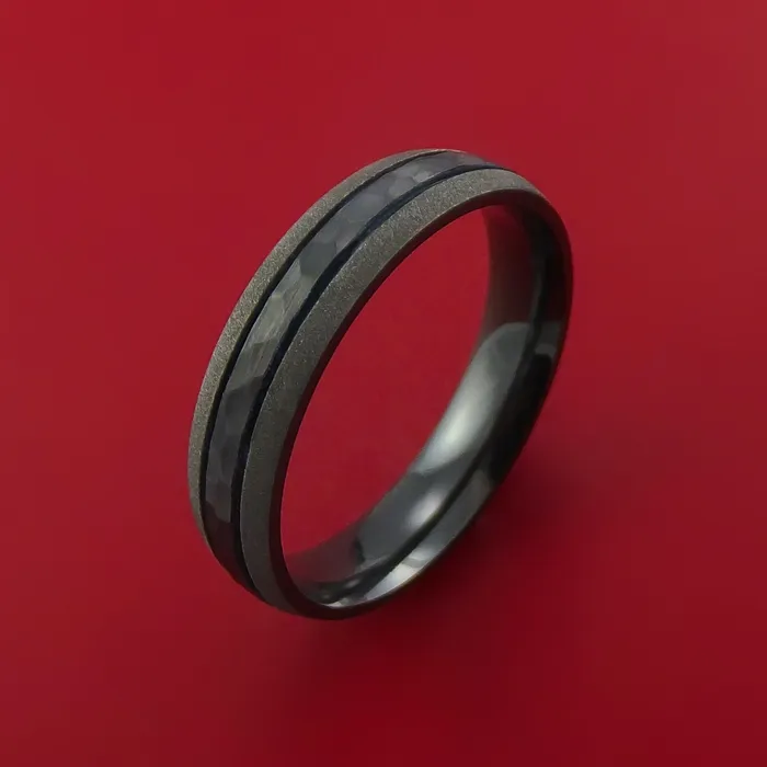 Lashbrook Rings Hammered Black Zirconium Ring with Groove Inlay Custom Made Band Lashbrook Rings Hammered Black Zirconium Ring with Groove Inlay Custom Made Band