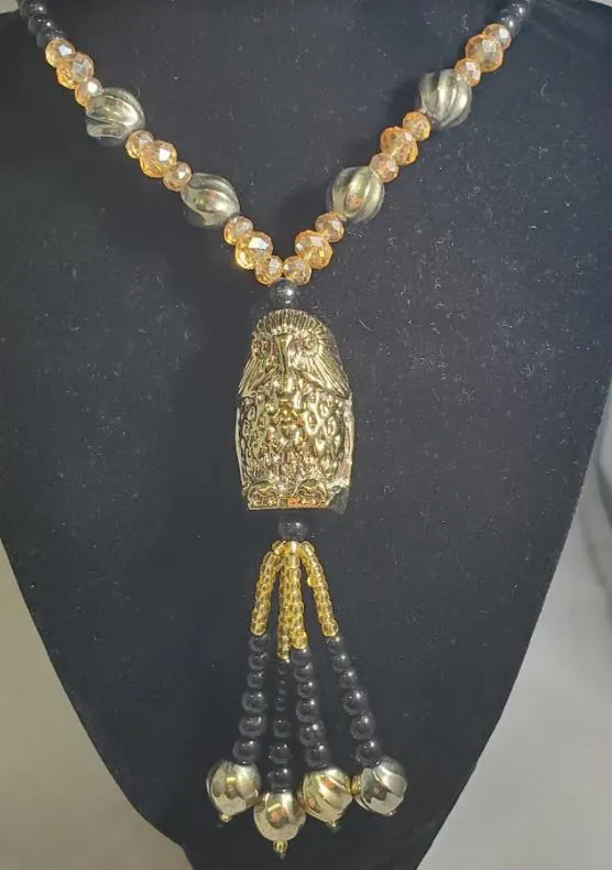 N2236 Black Bead Gold Owl Glass Long Necklace With Free Earrings polly Necklaces N2236 Black Bead Gold Owl Glass Long Necklace With Free Earrings polly Necklaces