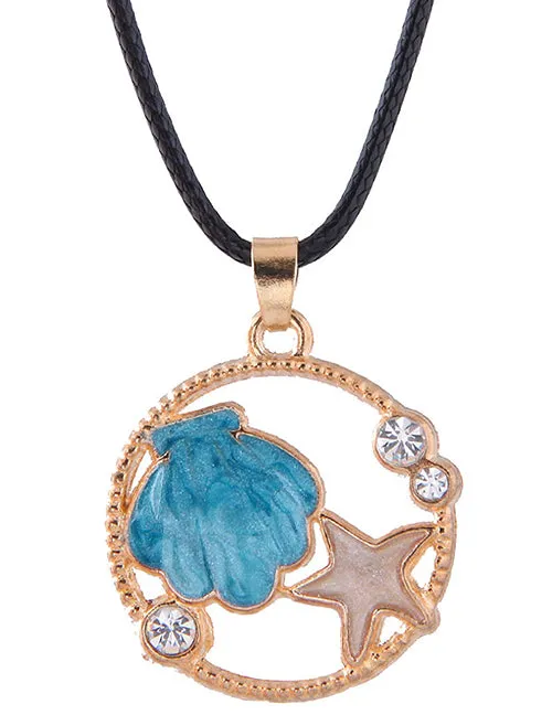 N349 Gold Shell Starfish Leather Cord Necklace with FREE Earrings 02 Necklaces