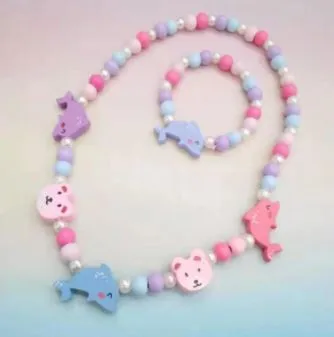 POLLY Bracelets L118 Wooden Teddy Bear Dolphin Necklace Bracelet Set