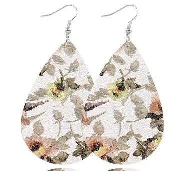 polly E1221 Floral Pattern Leather Teardrop Earrings Earrings