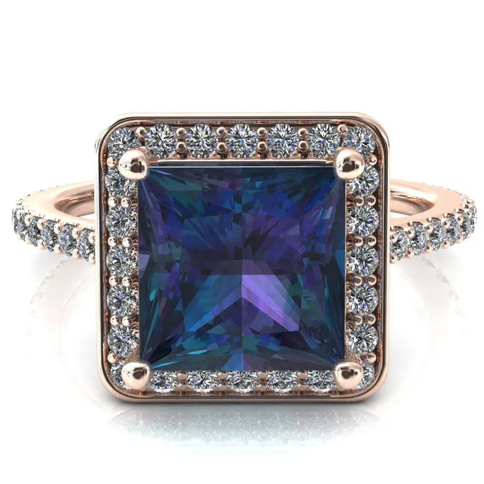 Rings Fire Brilliance Valma Princess Alexandrite Floating Diamond Halo and Sides Ring
