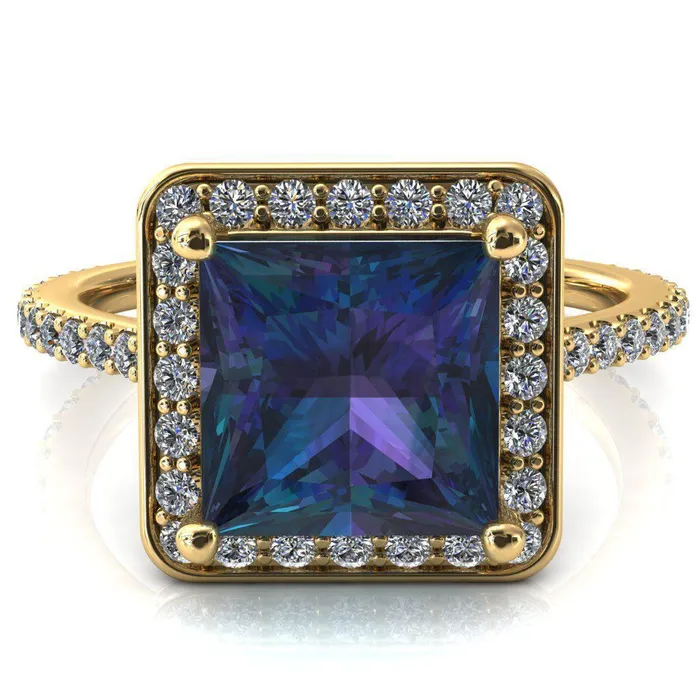 Rings Fire Brilliance Valma Princess Alexandrite Floating Diamond Halo and Sides Ring