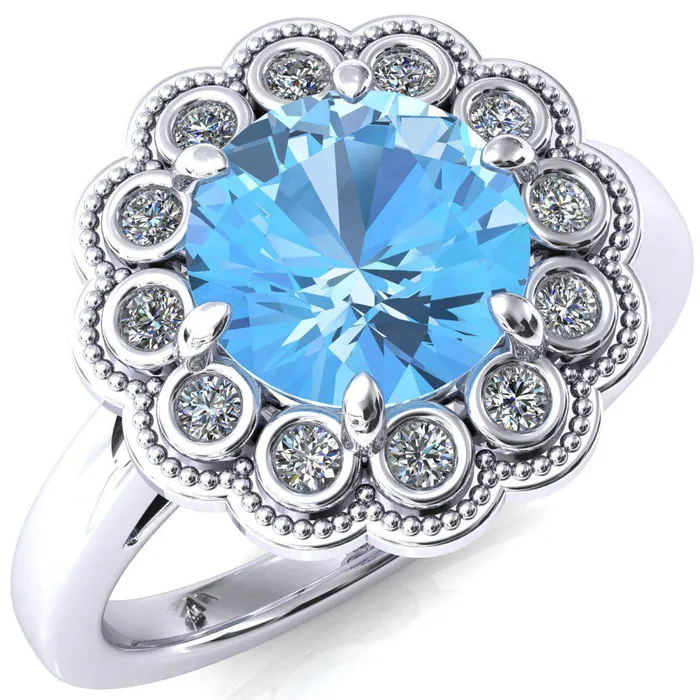Rings Fire Brilliance Zinnia Round Aqua Blue Spinel 6 Prong Milgrain Diamond Halo Cathedral Engagement Ring Rings Fire Brilliance Zinnia Round Aqua Blue Spinel 6 Prong Milgrain Diamond Halo Cathedral Engagement Ring