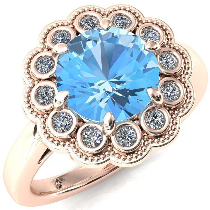 Rings Fire Brilliance Zinnia Round Aqua Blue Spinel 6 Prong Milgrain Diamond Halo Cathedral Engagement Ring
