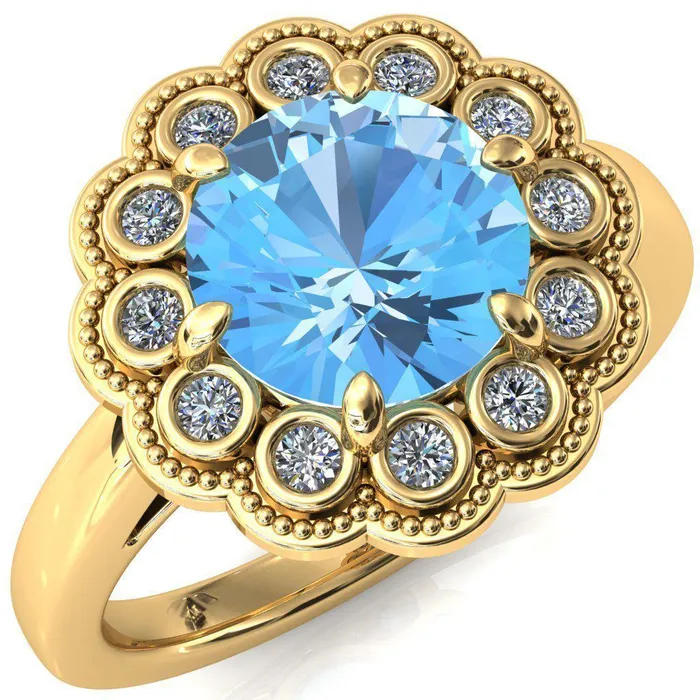 Rings Fire Brilliance Zinnia Round Aqua Blue Spinel 6 Prong Milgrain Diamond Halo Cathedral Engagement Ring