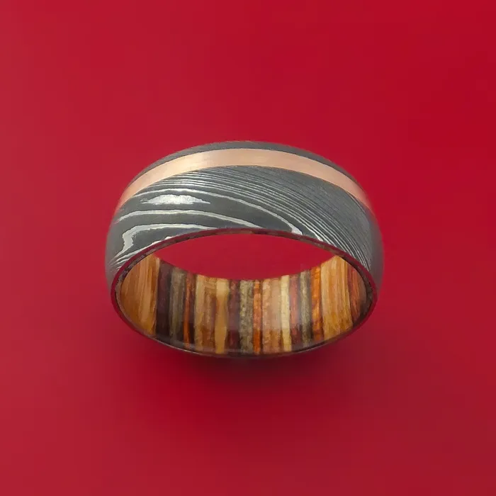Rings Lashbrook Damascus Steel Ring with 14k Rose Gold Inlay and Interior Hardwood Sleeve Custom Made Band Rings Lashbrook Damascus Steel Ring with 14k Rose Gold Inlay and Interior Hardwood Sleeve Custom Made Band
