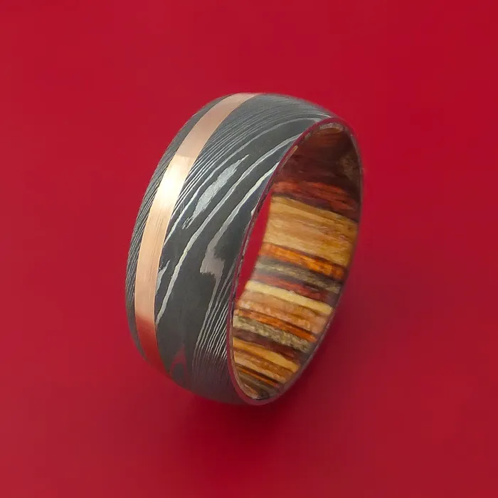 Rings Lashbrook Damascus Steel Ring with 14k Rose Gold Inlay and Interior Hardwood Sleeve Custom Made Band Rings Lashbrook Damascus Steel Ring with 14k Rose Gold Inlay and Interior Hardwood Sleeve Custom Made Band