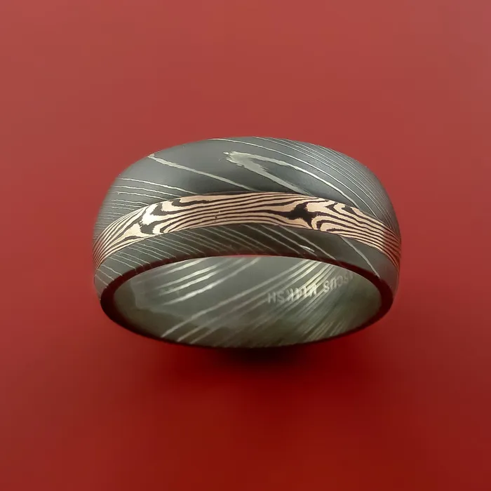 Rings Lashbrook Damascus Steel Ring with 14k Rose Gold Mokume Shakudo Inlay Custom Made Band