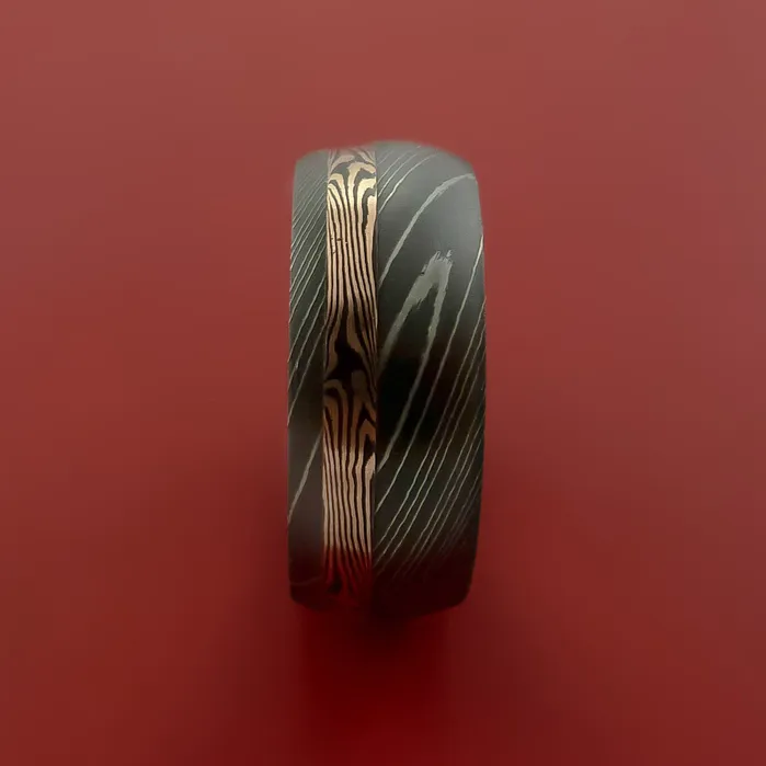 Rings Lashbrook Damascus Steel Ring with 14k Rose Gold Mokume Shakudo Inlay Custom Made Band