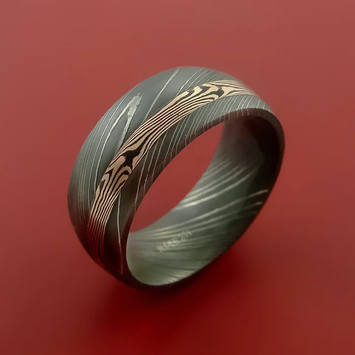 Rings Lashbrook Damascus Steel Ring with 14k Rose Gold Mokume Shakudo Inlay Custom Made Band