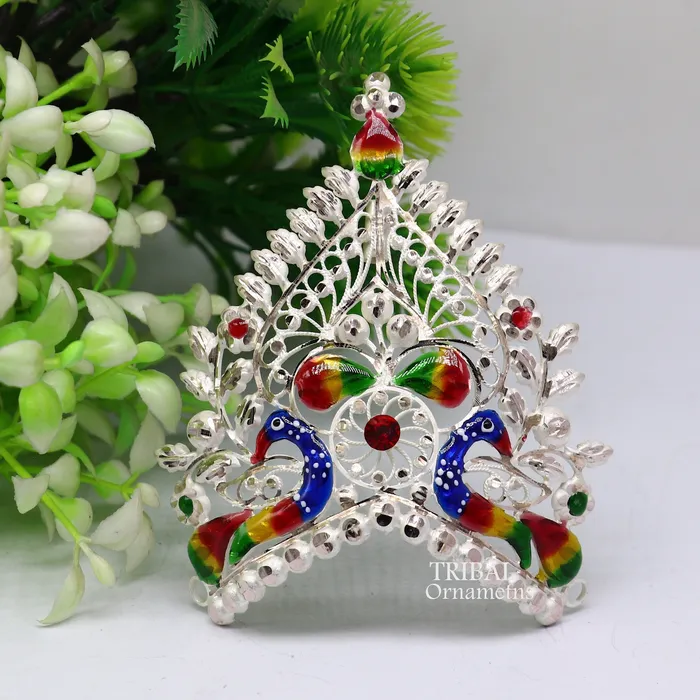 Rings TRIBAL ORNAMENTS 925 sterling silver vintage antique design handmade Mukut crown amazing peacock design silver god goddess crown home temple art su1021