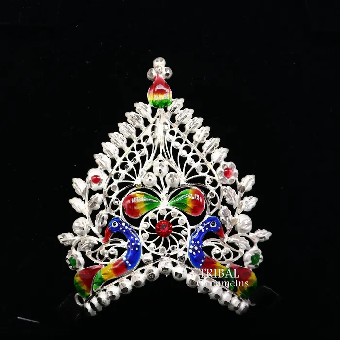 Rings TRIBAL ORNAMENTS 925 sterling silver vintage antique design handmade Mukut crown amazing peacock design silver god goddess crown home temple art su1021