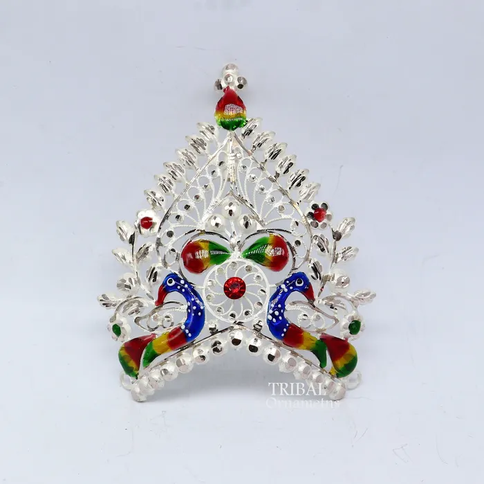 Rings TRIBAL ORNAMENTS 925 sterling silver vintage antique design handmade Mukut crown amazing peacock design silver god goddess crown home temple art su1021