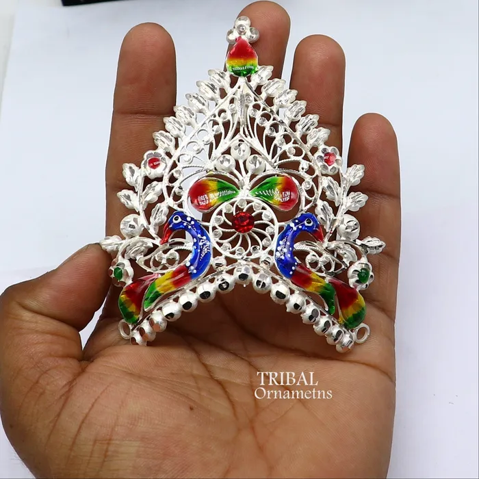 Rings TRIBAL ORNAMENTS 925 sterling silver vintage antique design handmade Mukut crown amazing peacock design silver god goddess crown home temple art su1021