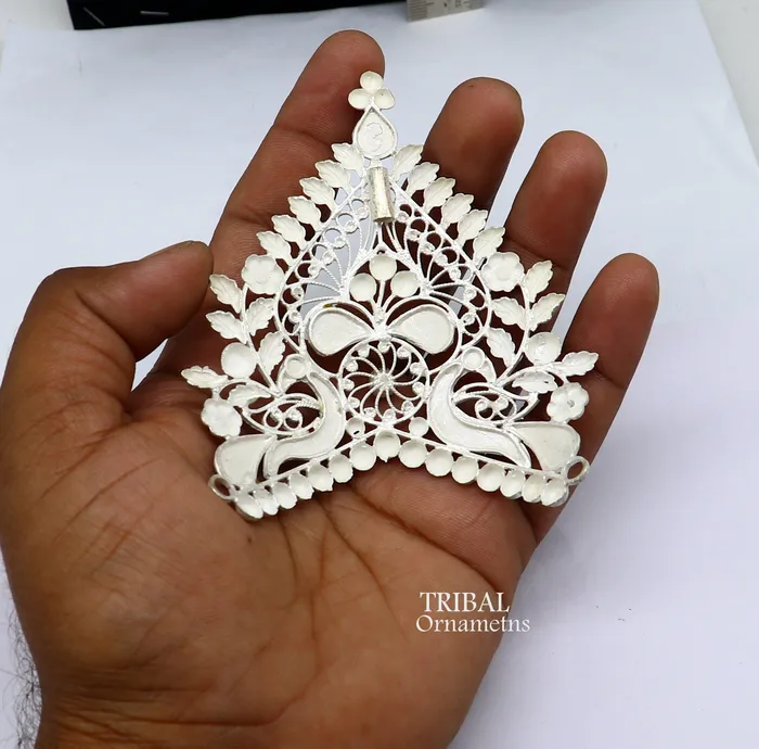 Rings TRIBAL ORNAMENTS 925 sterling silver vintage antique design handmade Mukut crown amazing peacock design silver god goddess crown home temple art su1021