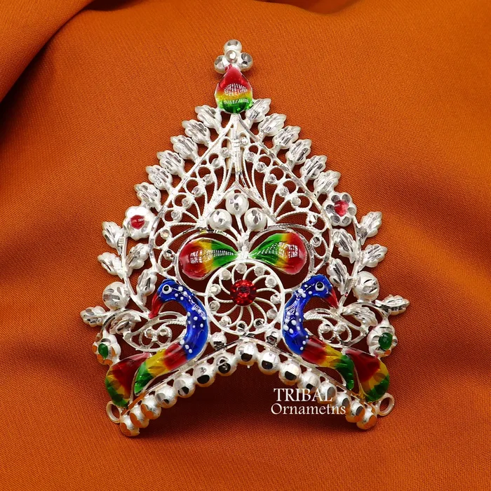 Rings TRIBAL ORNAMENTS 925 sterling silver vintage antique design handmade Mukut crown amazing peacock design silver god goddess crown home temple art su1021