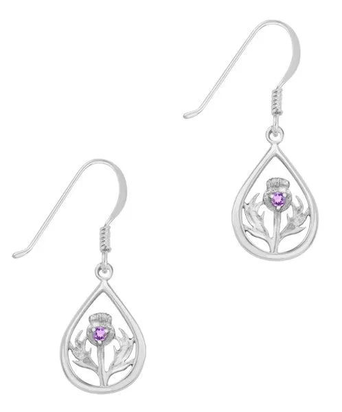 Scottish Thistle Teardrop Earrings with Amethyst Colour Stone Hamilton Young Earrings