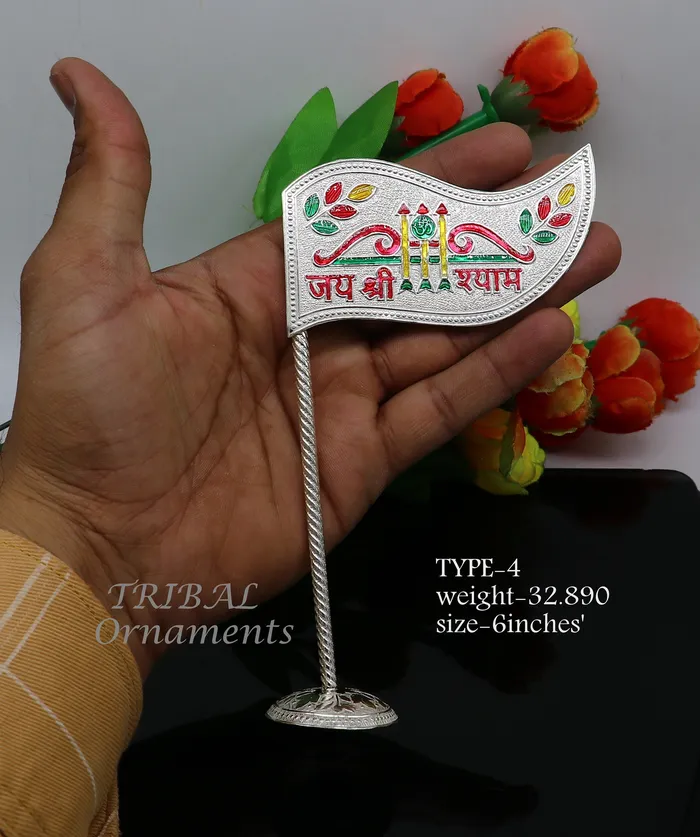 TRIBAL ORNAMENTS 925 sterling silver handmade lork Khatu Shyam Dhwaja or flag silver jai shree shyam flag best way for gifting to idols or kriahna su1018 Necklaces