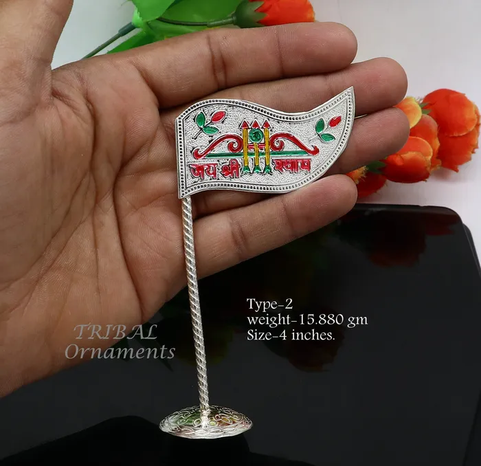 TRIBAL ORNAMENTS 925 sterling silver handmade lork Khatu Shyam Dhwaja or flag silver jai shree shyam flag best way for gifting to idols or kriahna su1018 Necklaces