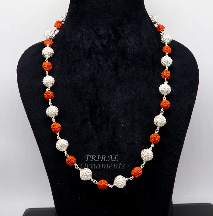 TRIBAL ORNAMENTS Necklaces 925 Sterling silver gorgeous natural rudraksh beads and handmade silver ball beads mala necklace ethnic jewelry from Rajasthan india ch205 TRIBAL ORNAMENTS Necklaces 925 Sterling silver gorgeous natural rudraksh beads and handmade silver ball beads mala necklace ethnic jewelry from Rajasthan india ch205