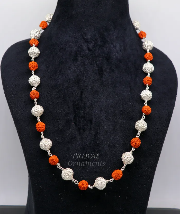 TRIBAL ORNAMENTS Necklaces 925 Sterling silver gorgeous natural rudraksh beads and handmade silver ball beads mala necklace ethnic jewelry from Rajasthan india ch205