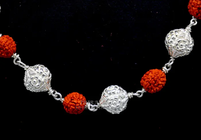 TRIBAL ORNAMENTS Necklaces 925 Sterling silver gorgeous natural rudraksh beads and handmade silver ball beads mala necklace ethnic jewelry from Rajasthan india ch205