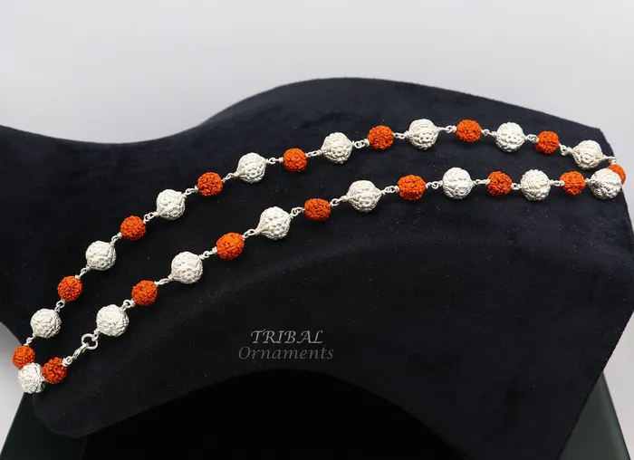 TRIBAL ORNAMENTS Necklaces 925 Sterling silver gorgeous natural rudraksh beads and handmade silver ball beads mala necklace ethnic jewelry from Rajasthan india ch205