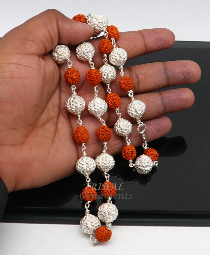 TRIBAL ORNAMENTS Necklaces 925 Sterling silver gorgeous natural rudraksh beads and handmade silver ball beads mala necklace ethnic jewelry from Rajasthan india ch205