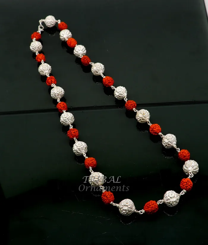 TRIBAL ORNAMENTS Necklaces 925 Sterling silver gorgeous natural rudraksh beads and handmade silver ball beads mala necklace ethnic jewelry from Rajasthan india ch205