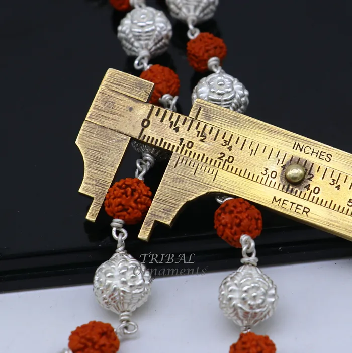 TRIBAL ORNAMENTS Necklaces 925 Sterling silver gorgeous natural rudraksh beads and handmade silver ball beads mala necklace ethnic jewelry from Rajasthan india ch205