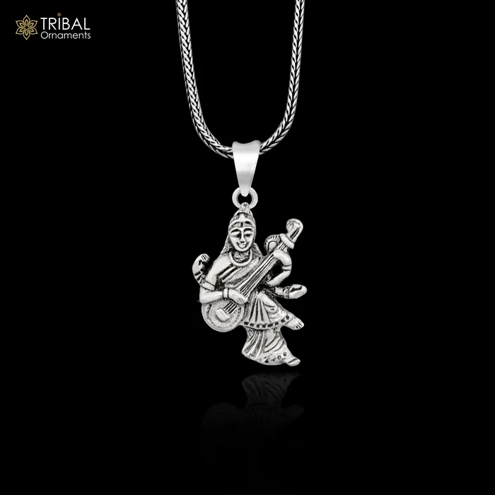 TRIBAL ORNAMENTS Necklaces 925 sterling silver handmade goddess sarashwati or saraswati maa pendant best student pendant for pray nsp695