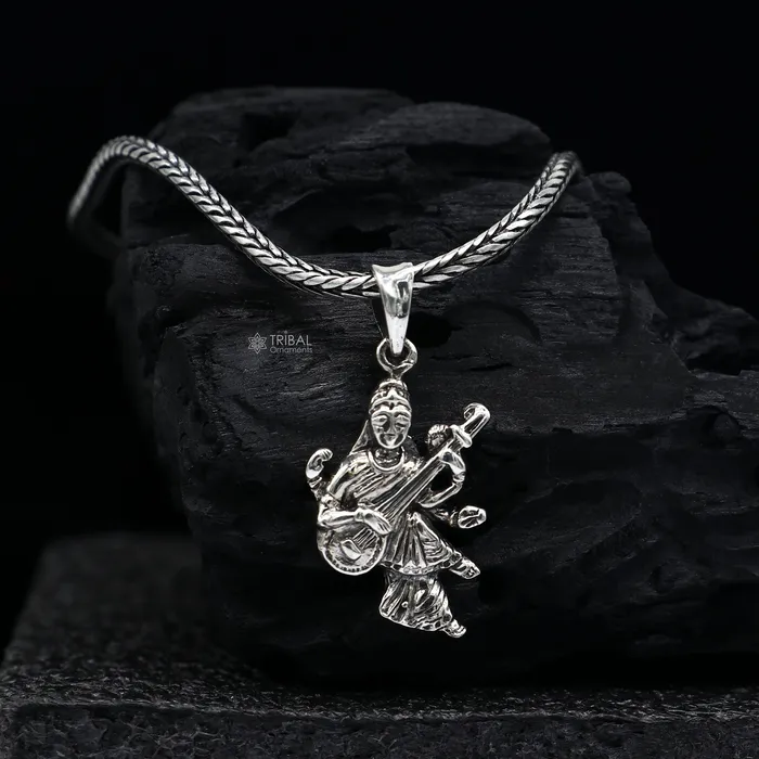 TRIBAL ORNAMENTS Necklaces 925 sterling silver handmade goddess sarashwati or saraswati maa pendant best student pendant for pray nsp695