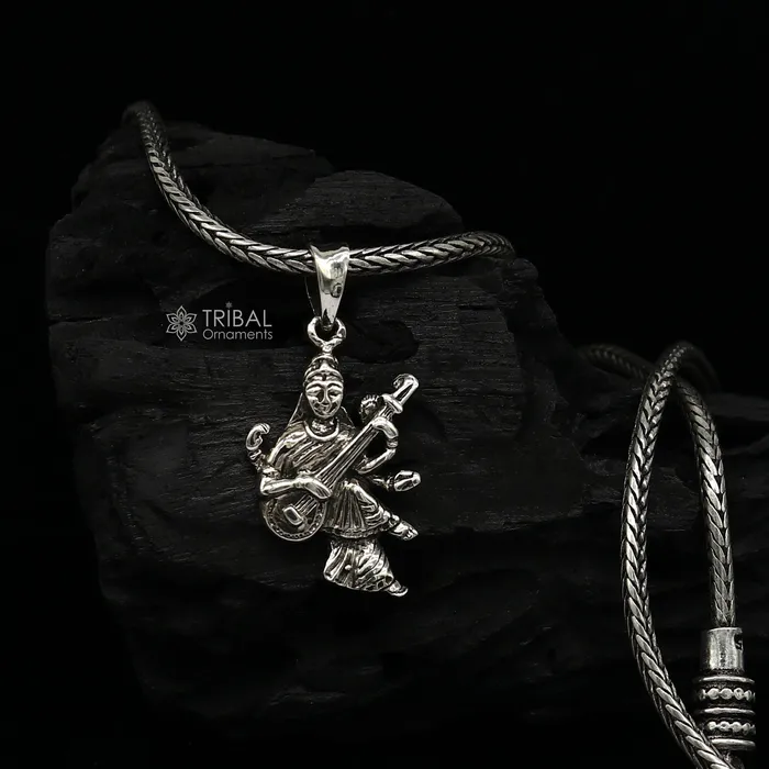 TRIBAL ORNAMENTS Necklaces 925 sterling silver handmade goddess sarashwati or saraswati maa pendant best student pendant for pray nsp695
