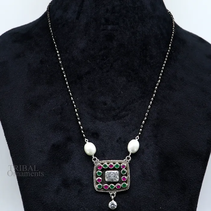 TRIBAL ORNAMENTS Rings Awesome 22mm small black beaded 925 sterling silver cut stone mangalsutra pendant best wedding anniversary girls gifting jewelry nec352