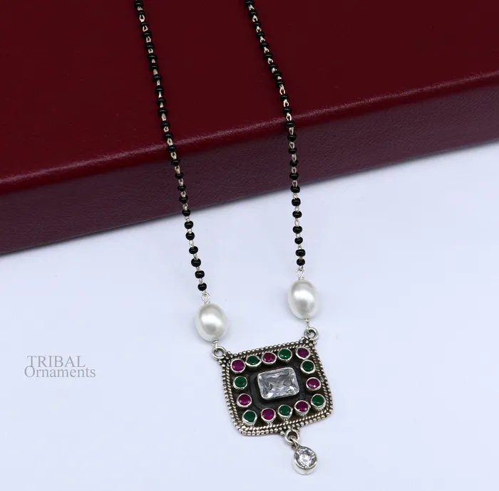 TRIBAL ORNAMENTS Rings Awesome 22mm small black beaded 925 sterling silver cut stone mangalsutra pendant best wedding anniversary girls gifting jewelry nec352