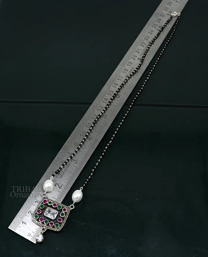 TRIBAL ORNAMENTS Rings Awesome 22mm small black beaded 925 sterling silver cut stone mangalsutra pendant best wedding anniversary girls gifting jewelry nec352