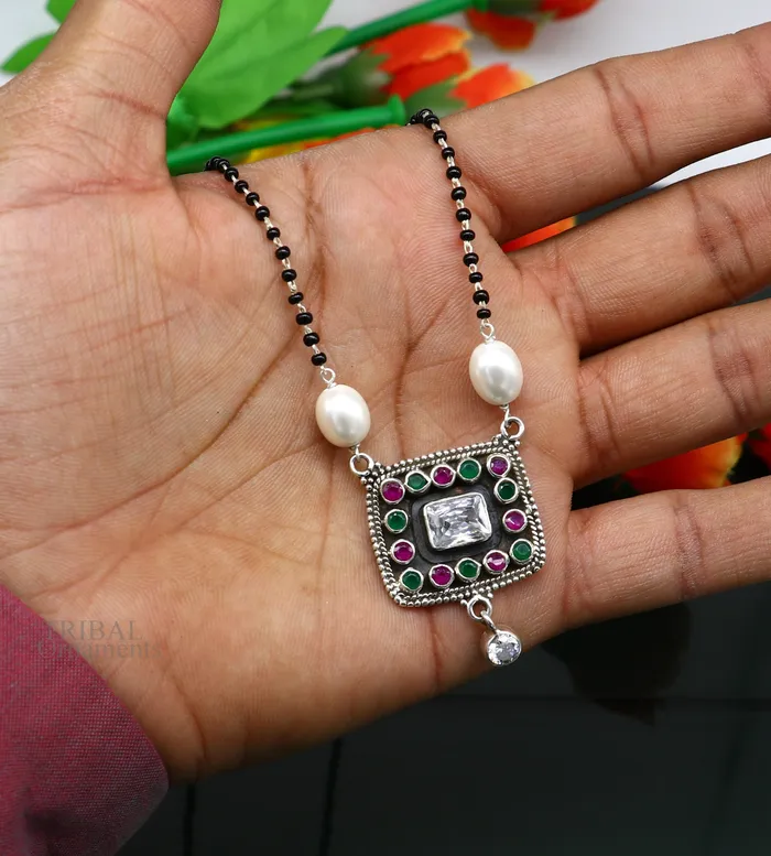 TRIBAL ORNAMENTS Rings Awesome 22mm small black beaded 925 sterling silver cut stone mangalsutra pendant best wedding anniversary girls gifting jewelry nec352