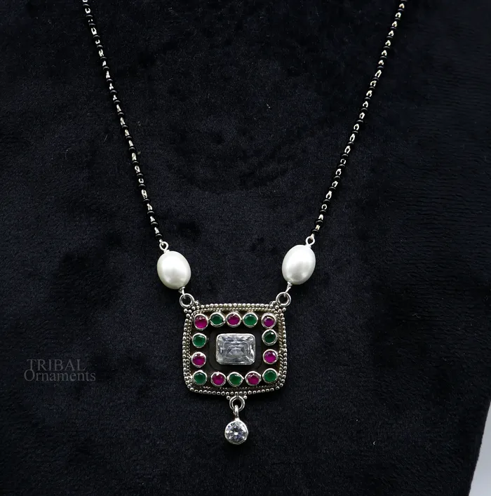 TRIBAL ORNAMENTS Rings Awesome 22mm small black beaded 925 sterling silver cut stone mangalsutra pendant best wedding anniversary girls gifting jewelry nec352