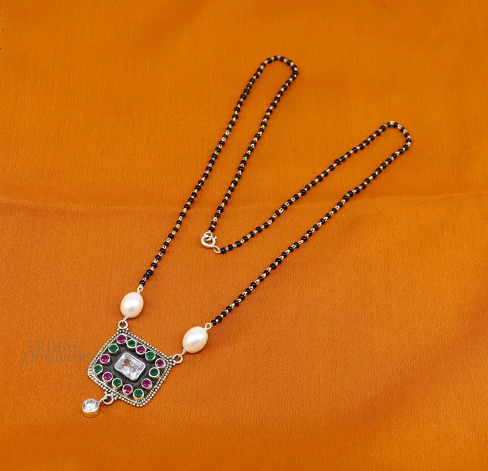 TRIBAL ORNAMENTS Rings Awesome 22mm small black beaded 925 sterling silver cut stone mangalsutra pendant best wedding anniversary girls gifting jewelry nec352