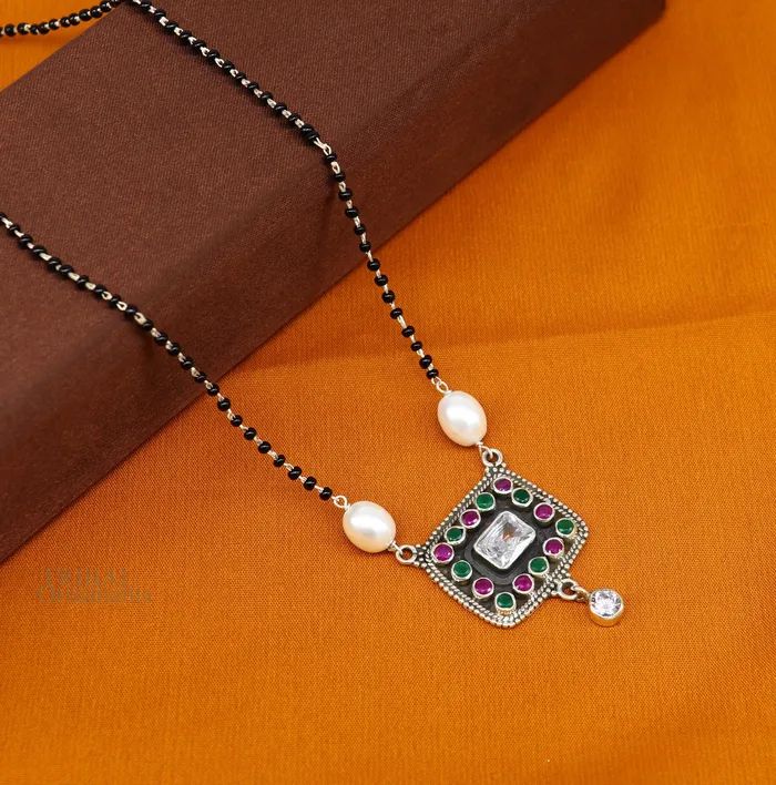TRIBAL ORNAMENTS Rings Awesome 22mm small black beaded 925 sterling silver cut stone mangalsutra pendant best wedding anniversary girls gifting jewelry nec352