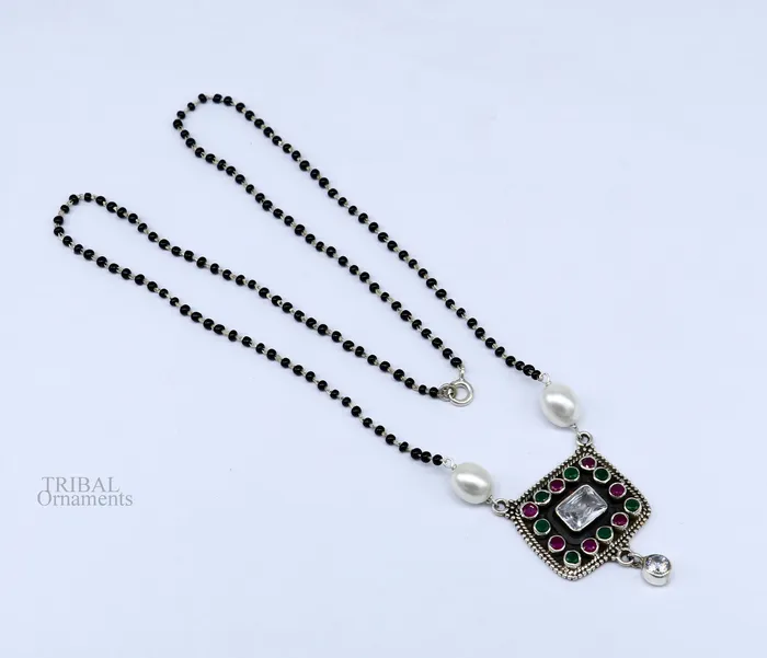 TRIBAL ORNAMENTS Rings Awesome 22mm small black beaded 925 sterling silver cut stone mangalsutra pendant best wedding anniversary girls gifting jewelry nec352