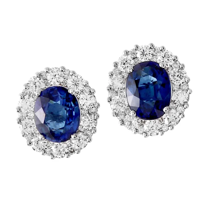 18K White Gold Oval Sapphire Stud Earrings with Diamond Halo Meierotto Jewelers Earrings