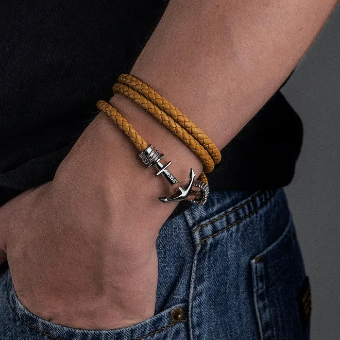 Bracelets Belbren Personalized Mens Anchor Leather Bracelet Engraved Name Adjustable Fit Symbolizes Family Loyalty Perfect Fathers Day Gift