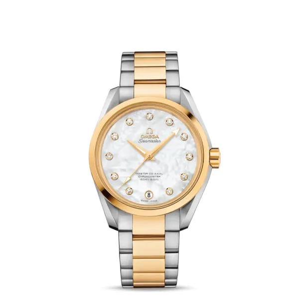 Bracelets Omega Omega Seamaster 39mm Watch Ref 23120392155004 White Mother of Pearl Diamond Index Dial Two Tone Stainless Steel 18K Yellow Gold Bracelet Bracelets Omega Omega Seamaster 39mm Watch Ref 23120392155004 White Mother of Pearl Diamond Index Dial Two Tone Stainless Steel 18K Yellow Gold Bracelet
