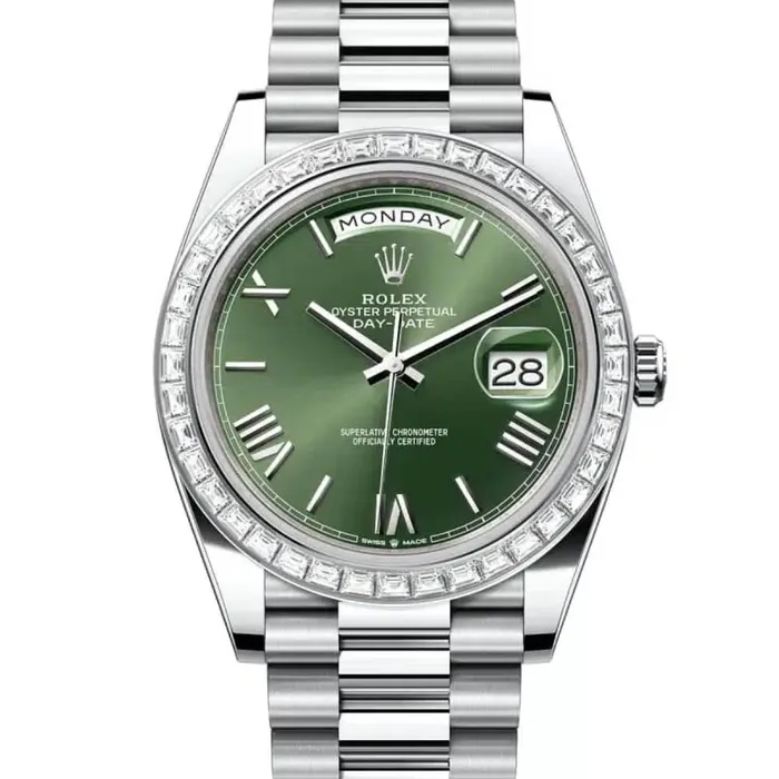 Bracelets Rolex Day Date 40mm Ref 228396tbr0020 Olive Green Roman Dial Diamond Bezel Platinum President Bracelet Mens Watch Rolex