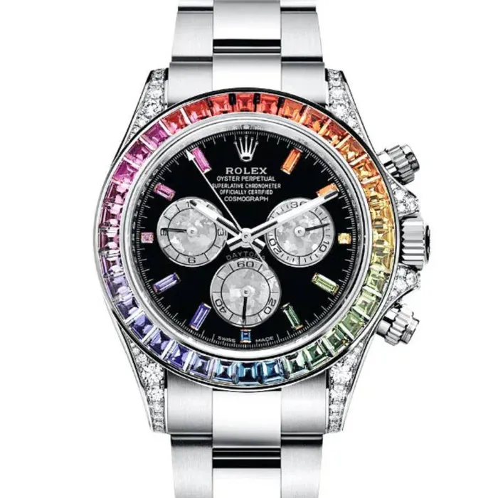 Bracelets Rolex Rolex Cosmograph Daytona 40mm Ref 116599 RBOW Black Sapphire Rainbow Dial Bezel 18K White Gold Oyster Bracelet Mens Watch