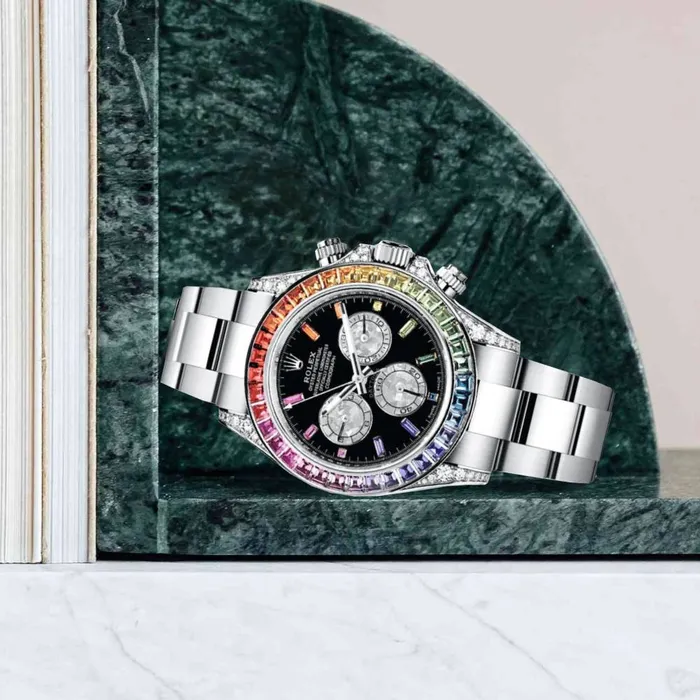 Bracelets Rolex Rolex Cosmograph Daytona 40mm Ref 116599 RBOW Black Sapphire Rainbow Dial Bezel 18K White Gold Oyster Bracelet Mens Watch