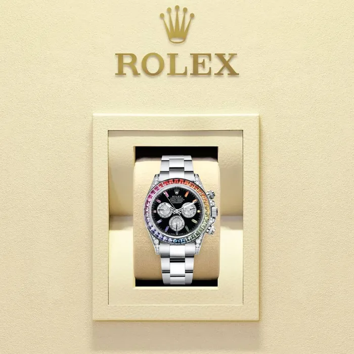 Bracelets Rolex Rolex Cosmograph Daytona 40mm Ref 116599 RBOW Black Sapphire Rainbow Dial Bezel 18K White Gold Oyster Bracelet Mens Watch
